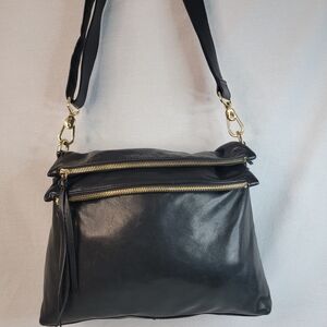 Margot New York Black Leather Fold-Over Double Zip Crossbody Bag